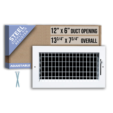 12 x 6-inch White Steel adjustable supply register, packaging