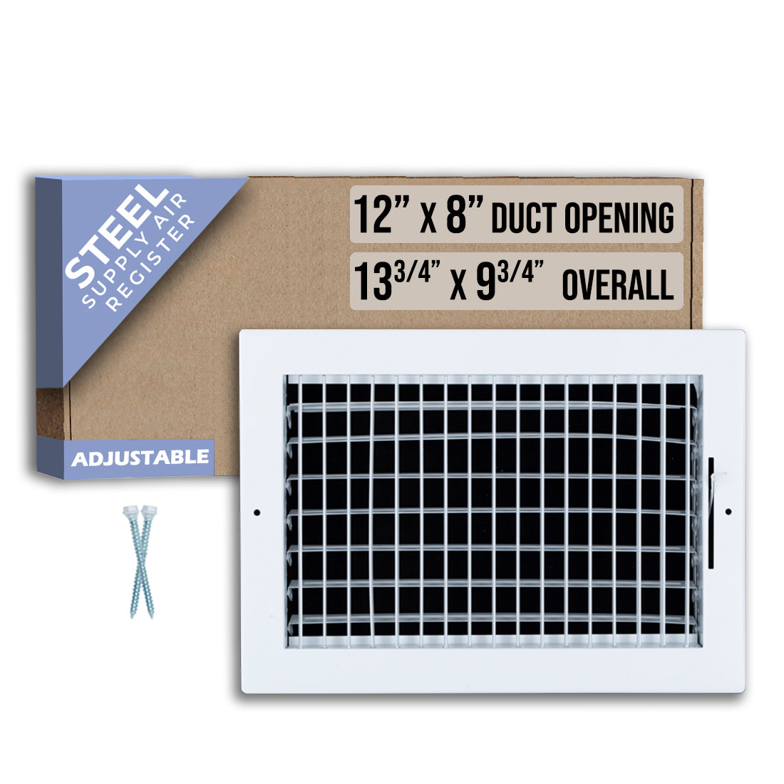 12 x 8-inch White Steel adjustable supply register, packaging