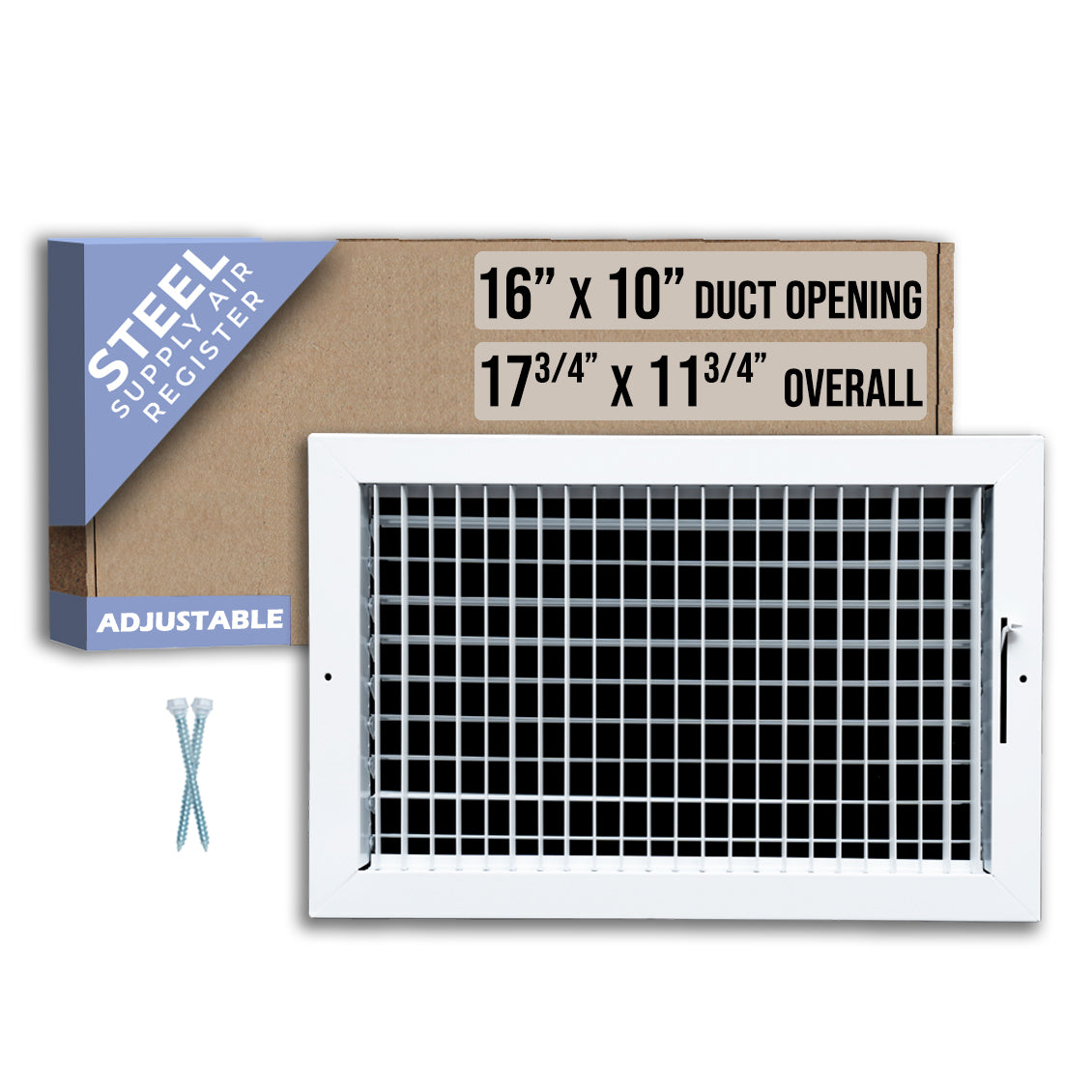 16 x 10-inch White Steel adjustable supply register, packaging
