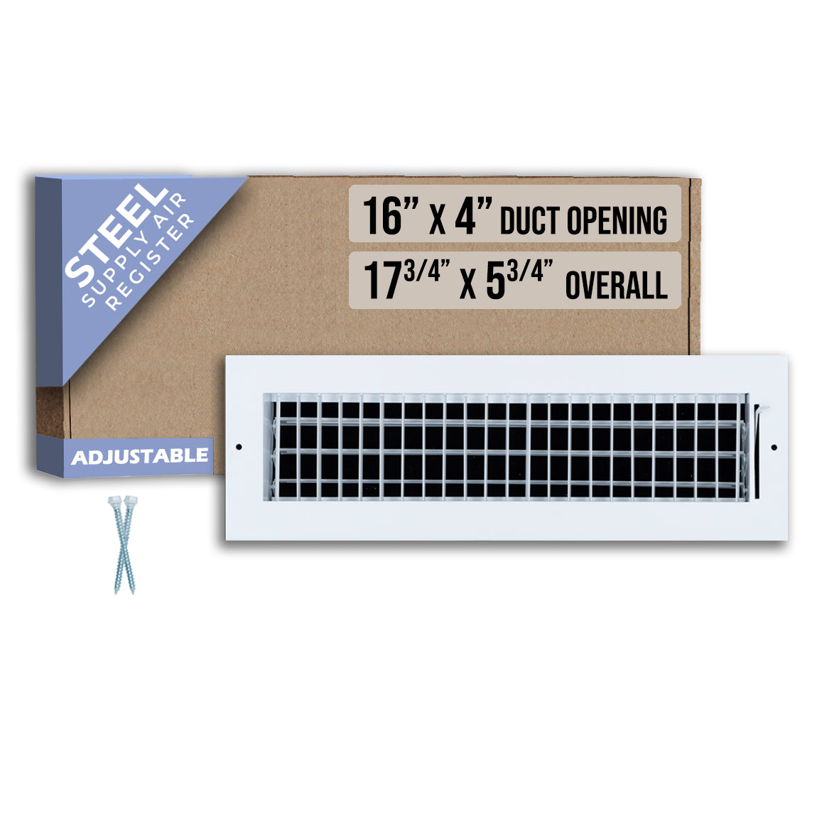 16 x 4-inch White Steel adjustable supply register, packaging