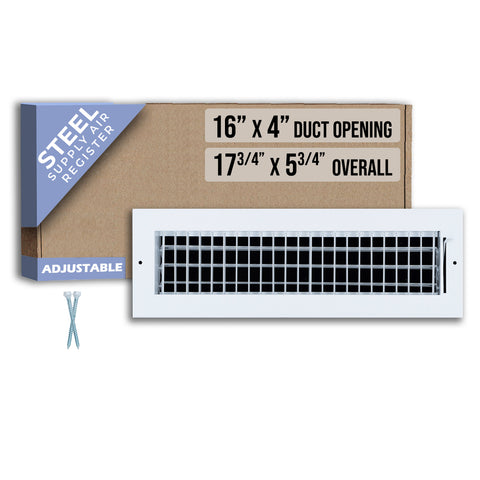 16 x 4-inch White Steel adjustable supply register, packaging