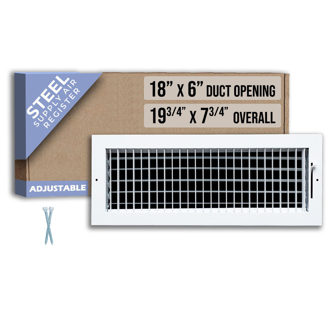 18 x 6-inch White Steel adjustable supply register, packaging