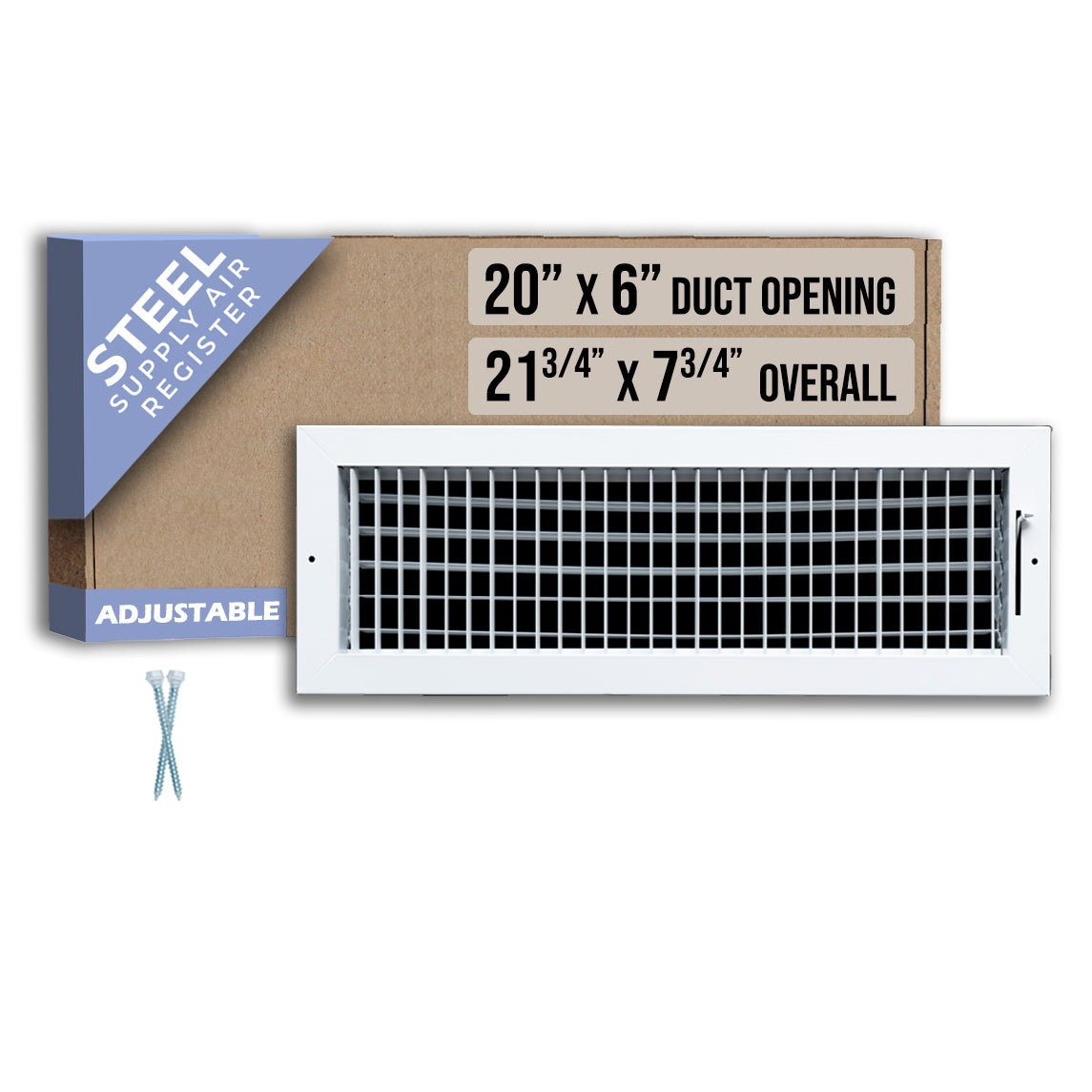 20 x 6-inch White Steel adjustable supply register, packaging