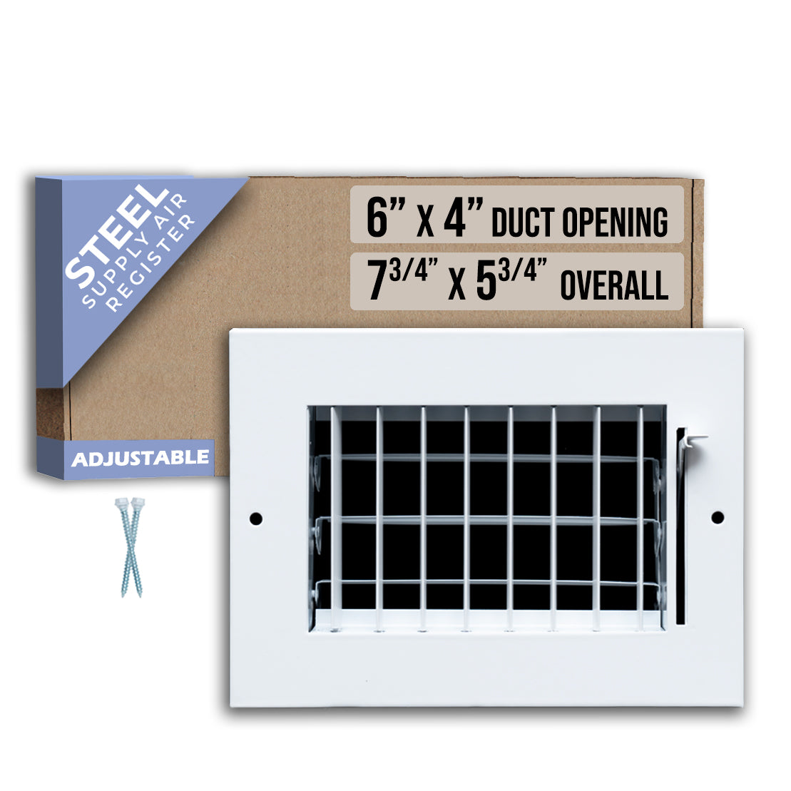 6 x 4-inch White Steel adjustable supply register, packaging