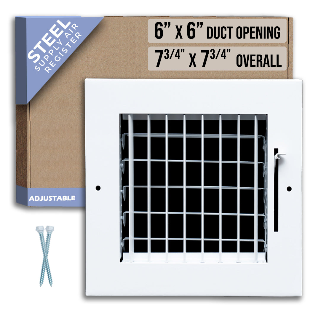 6 x 6-inch White Steel adjustable supply register, packaging