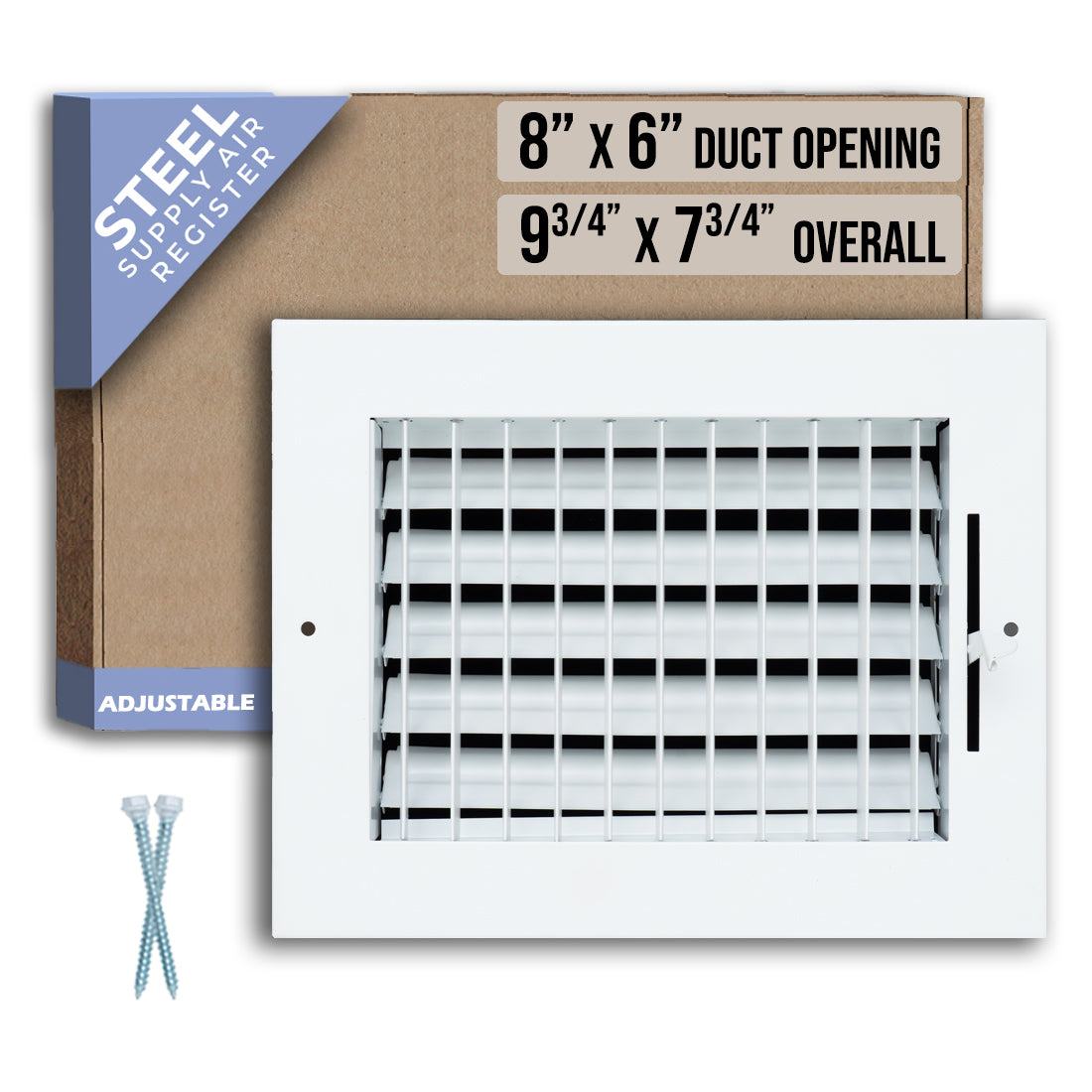 8 x 6-inch White Steel adjustable supply register, packaging