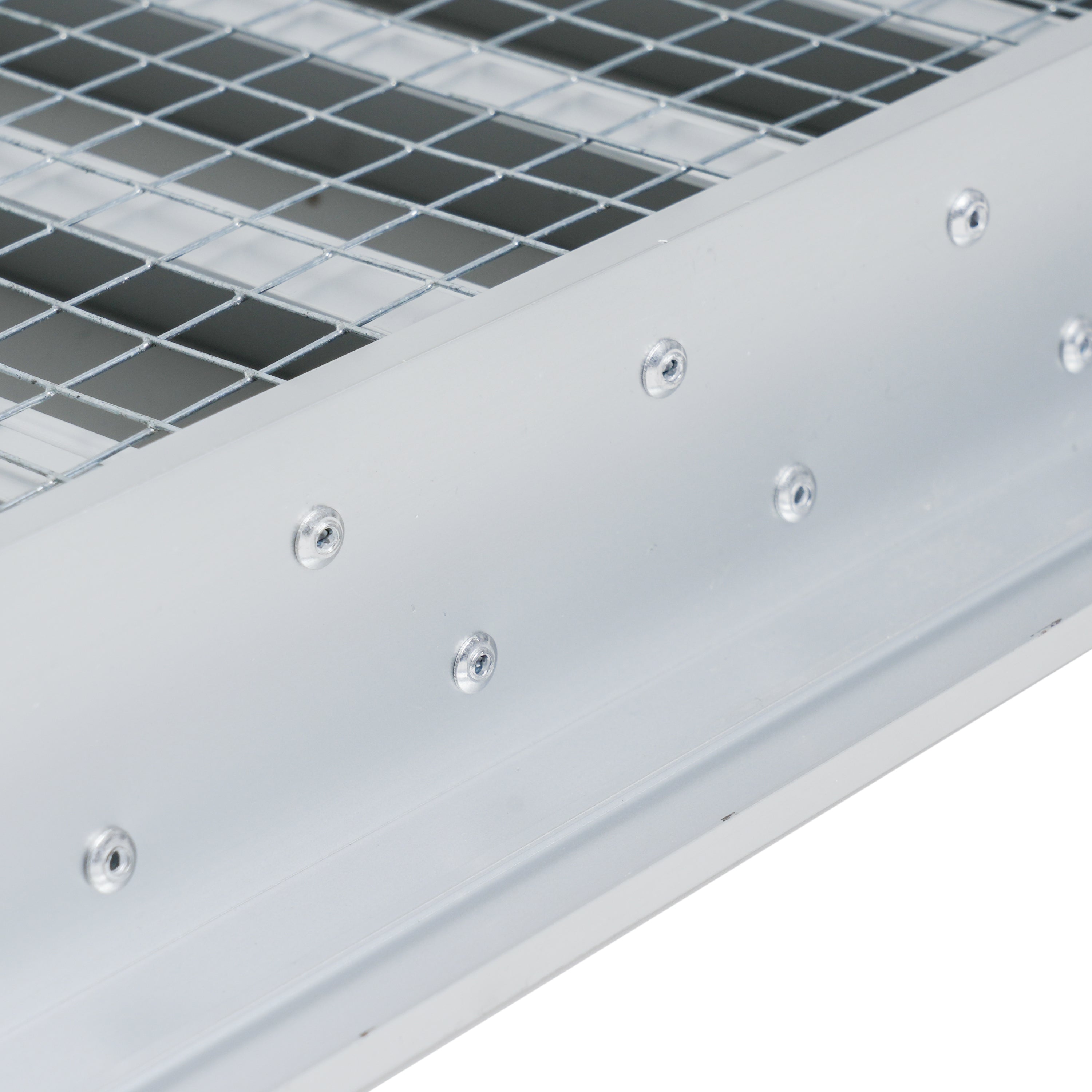 10 x 10-inch unpainted aluminum exterior gable vent, mounting screw detail