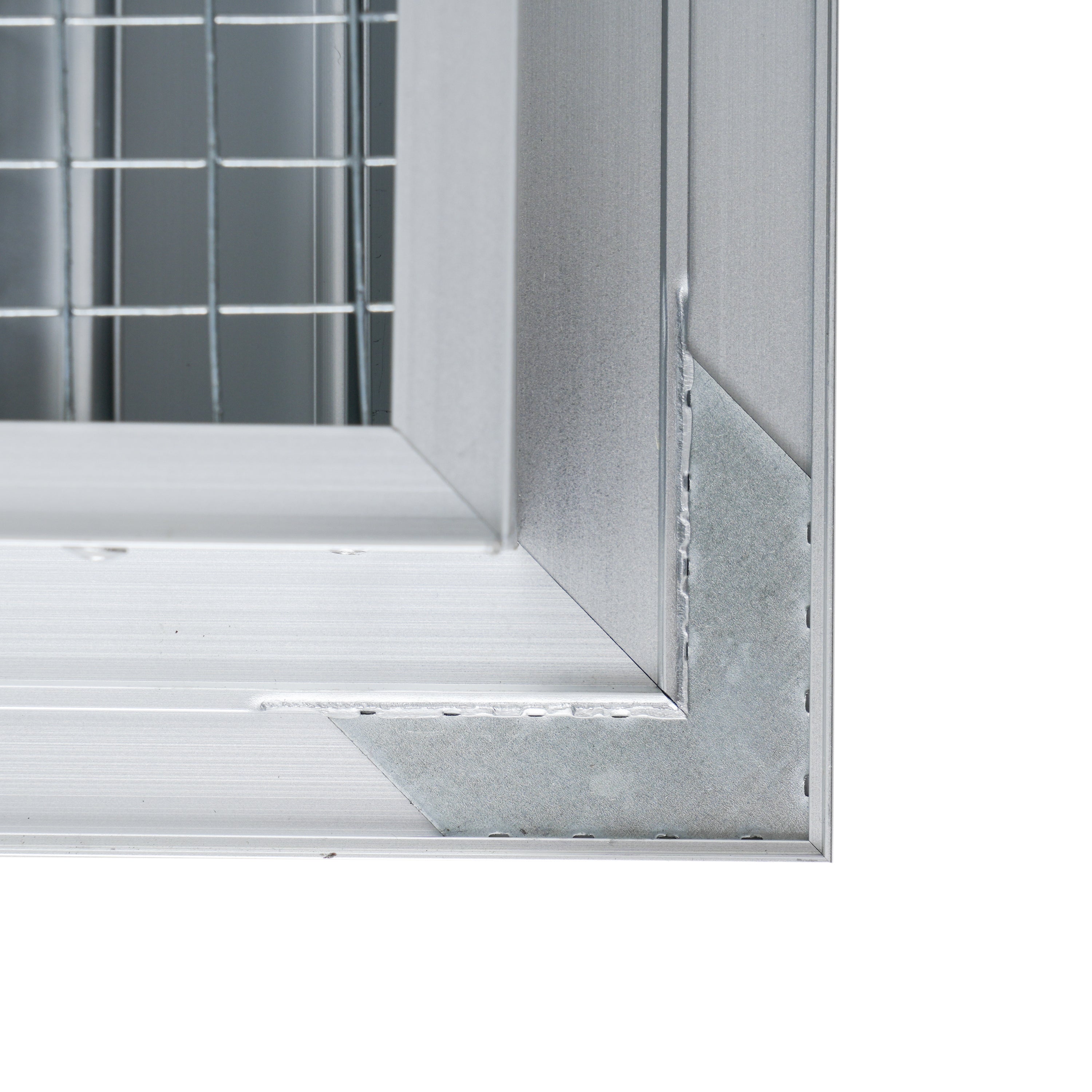 20 x 20-inch unpainted aluminum exterior gable vent, frame corner detail