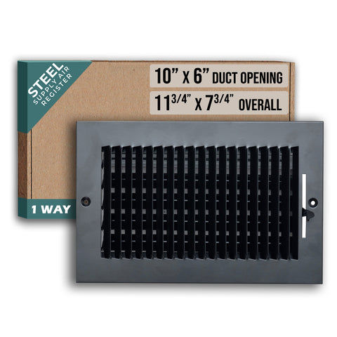 10 x 6-inch Black Steel flat stamped supply register, packaging