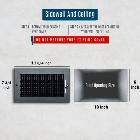10 x 6-inch Black Steel flat stamped supply register, dimensions