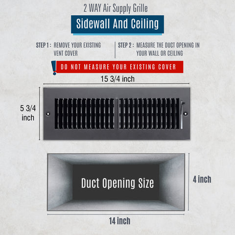 Fits 14x4 Duct Opening 2 WAY Steel Air Supply Diffuser by Handua | Register Vent Cover Grill for Sidewall and Ceiling | Black | Outer Dimensions: 15.75" X 5.75"