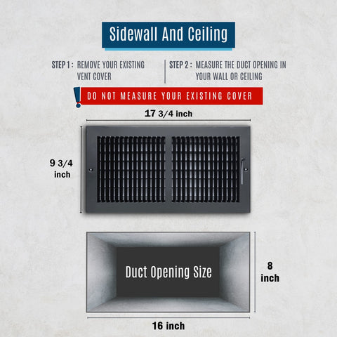 Fits 16x8 Duct Opening 2 Way Steel Air Supply Diffuser | Register Vent Cover Grille for Sidewall and Ceiling | Black | Outer Dimensions: 17.75" X 9.75"