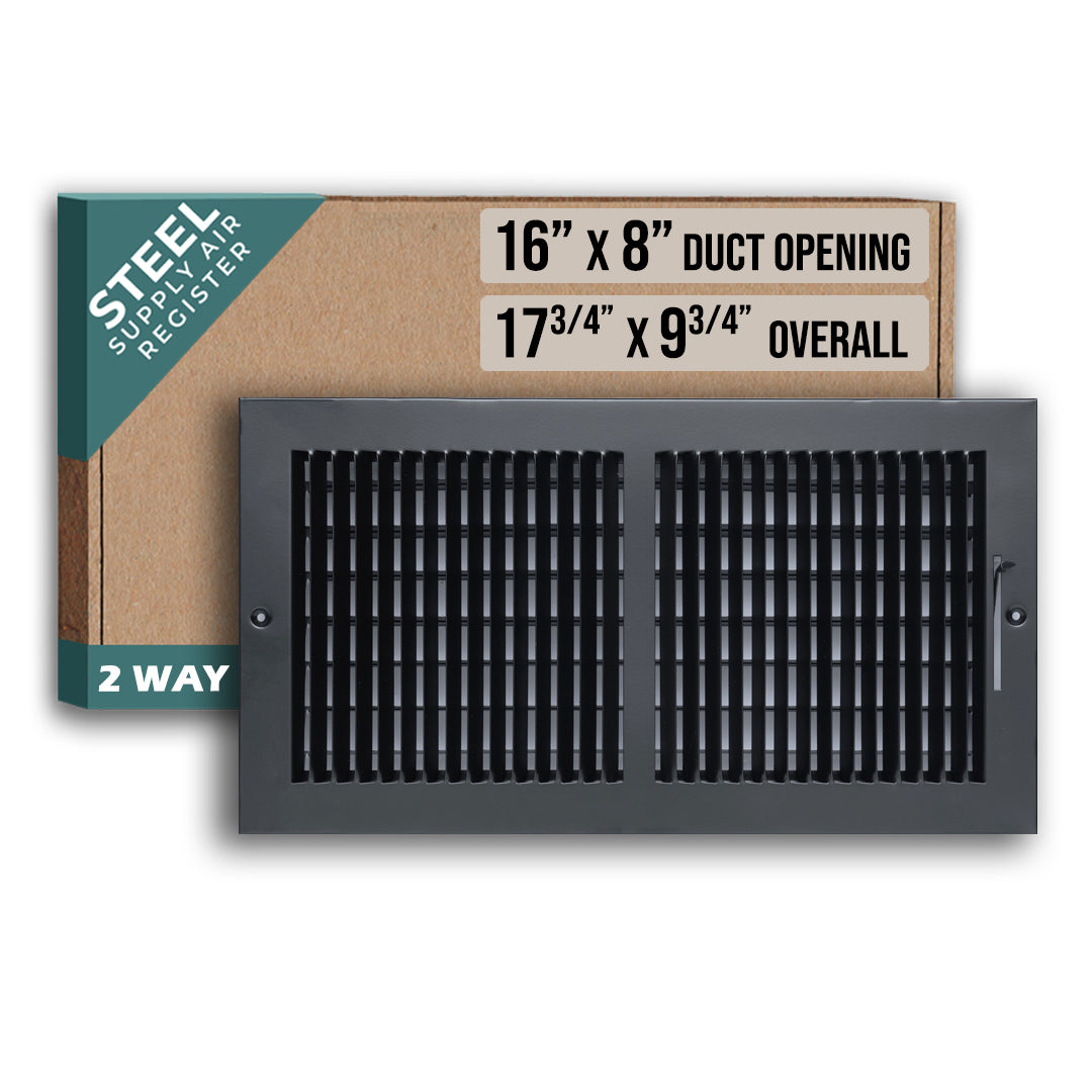 16 x 8-inch Black Steel flat stamped supply register, packaging