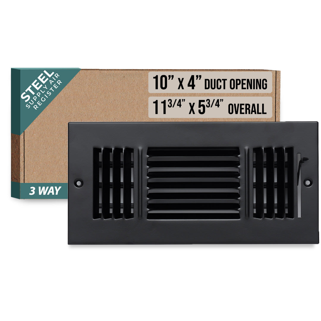 10 x 4-inch Black Steel flat stamped supply register, packaging