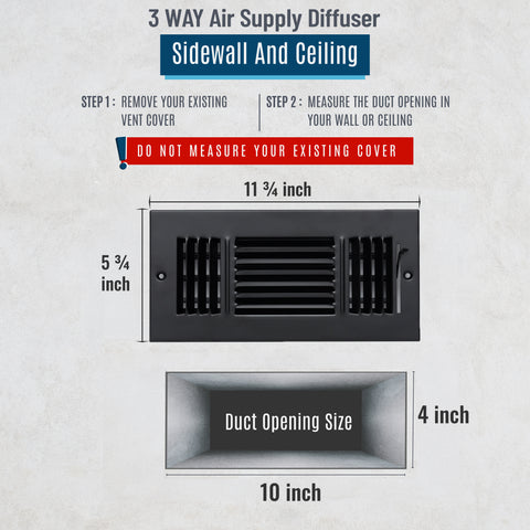 10 x 4-inch Black Steel flat stamped supply register, dimensions