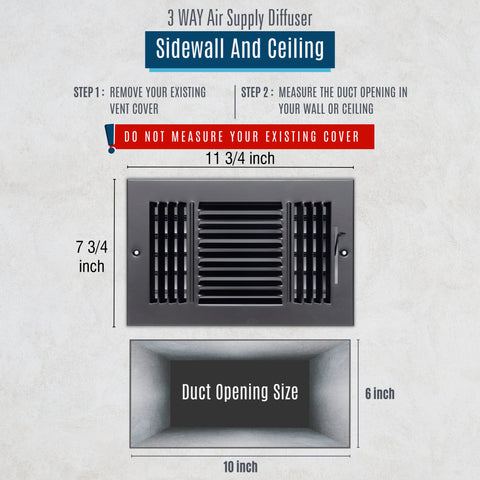 Fits 10x6 Duct Opening 3 Way Steel Air Supply Diffuser by Handua | Register Vent Cover Grill for Sidewall and Ceiling | Black | Outer Dimensions: 11.75" X 7.75"