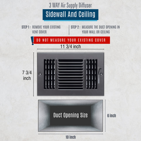 Steel Air Supply Diffuser 3 WAY | Black Vent Cover Grille for Sidewall and Ceiling