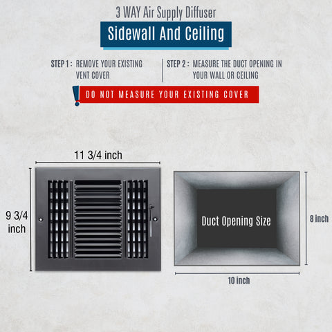Fits 10x8 Duct Opening 3 Way Steel Air Supply Diffuser by Handua | Register Vent Cover Grill for Sidewall and Ceiling | Black | Outer Dimensions: 11.75" X 9.75"