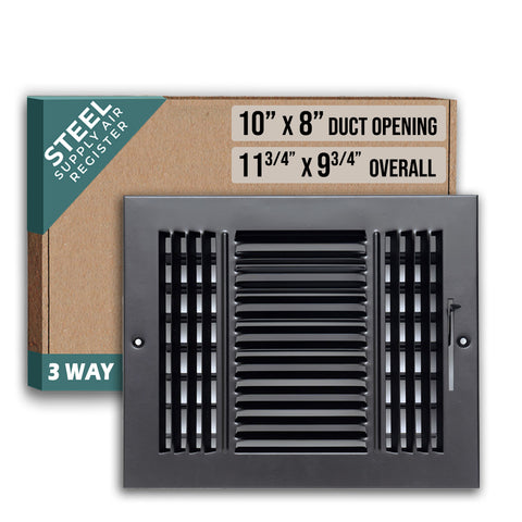 Fits 10x8 Duct Opening 3 Way Steel Air Supply Diffuser by Handua | Register Vent Cover Grill for Sidewall and Ceiling | Black | Outer Dimensions: 11.75" X 9.75"