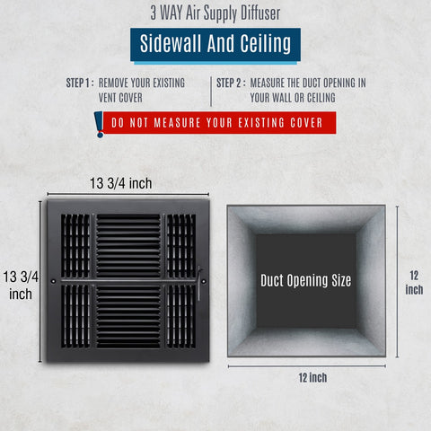 Fits 12x12 Duct Opening 3 Way Steel Air Supply Diffuser | Register Vent Cover Grille for Sidewall and Ceiling | Black | Outer Dimensions: 13.75" X 13.75"