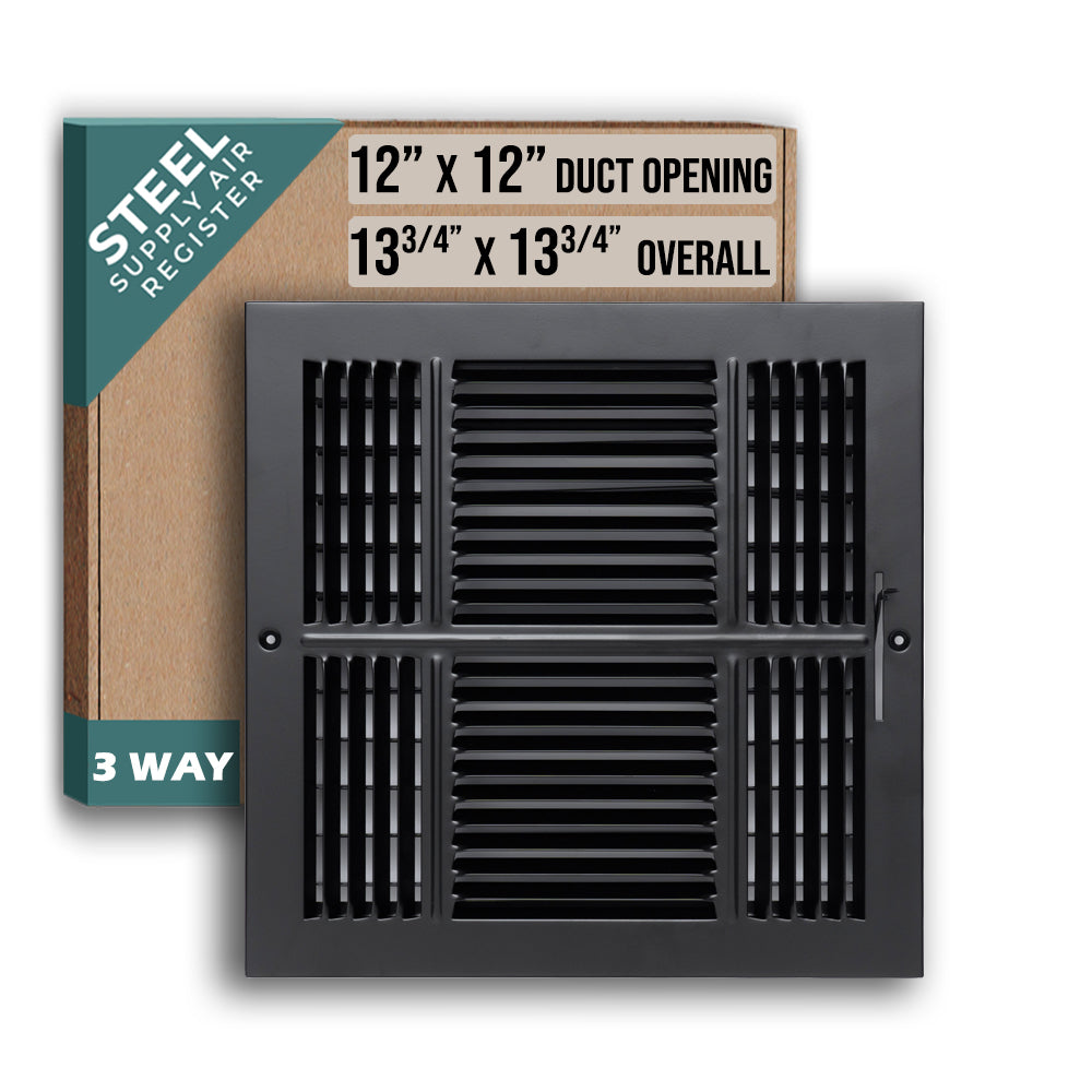 12 x 12-inch Black Steel flat stamped supply register, packaging