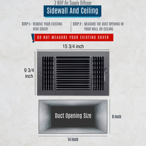 Fits 14x8 Duct Opening 3 Way Steel Air Supply Diffuser by Handua | Register Vent Cover Grill for Sidewall and Ceiling | Black | Outer Dimensions: 15.75" X 9.75"