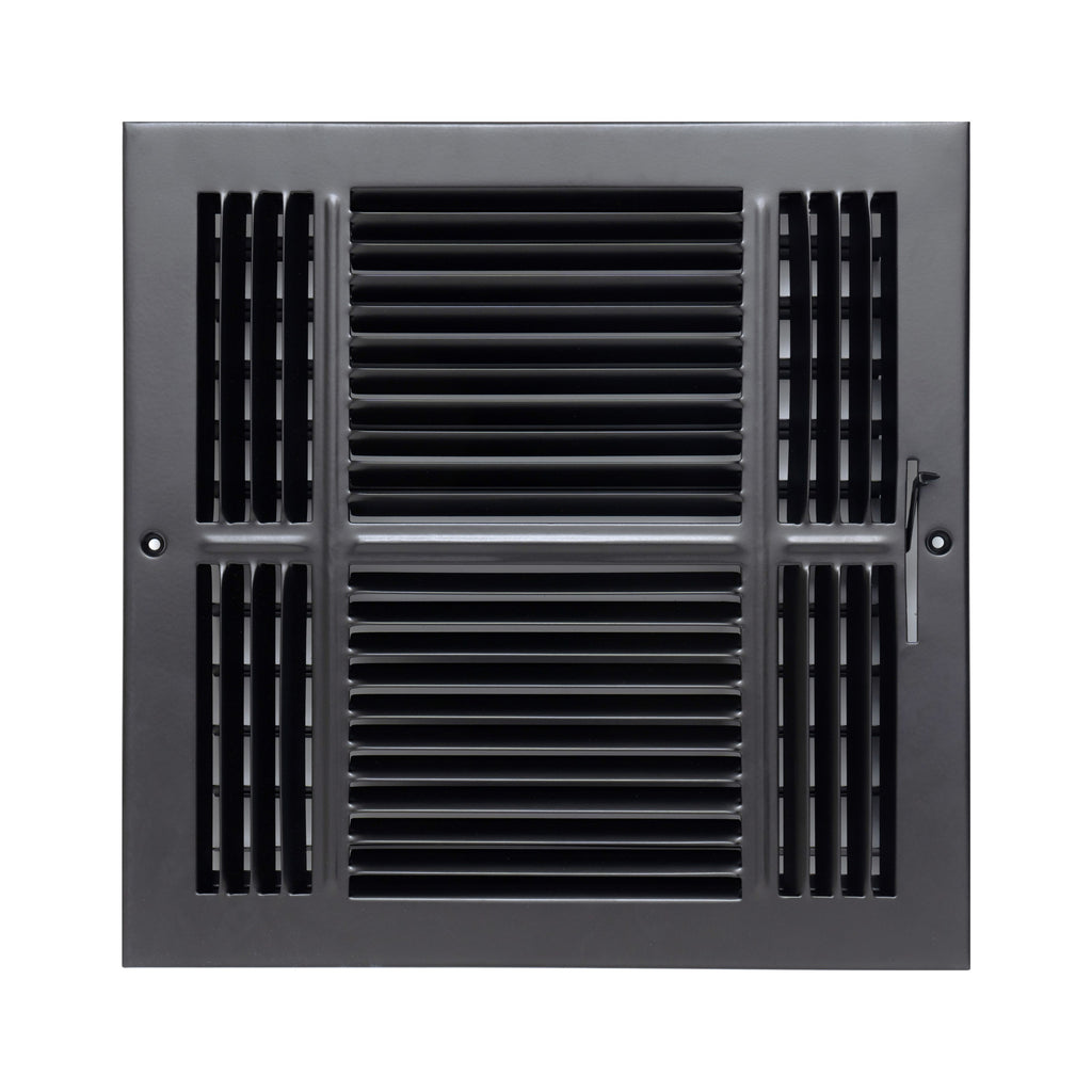 Fits 12x12 Duct Opening 4 Way Steel Air Supply Diffuser | Register Vent Cover Grill for Sidewall and Ceiling | Black | Outer Dimensions: 13.75" X 13.75"