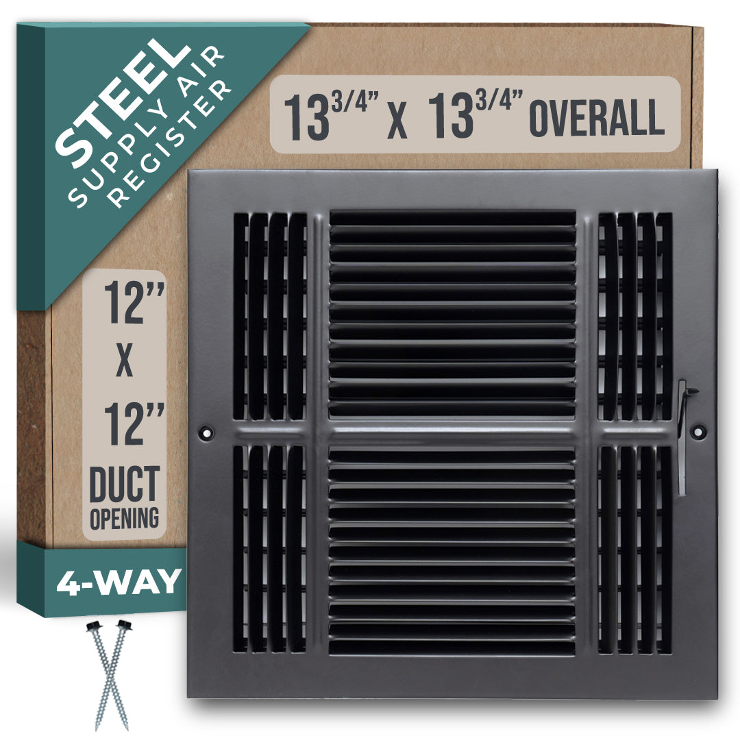 Steel Air Supply HVAC Diffuser 4 WAY | Black Vent Cover Grille for Sidewall and Ceiling