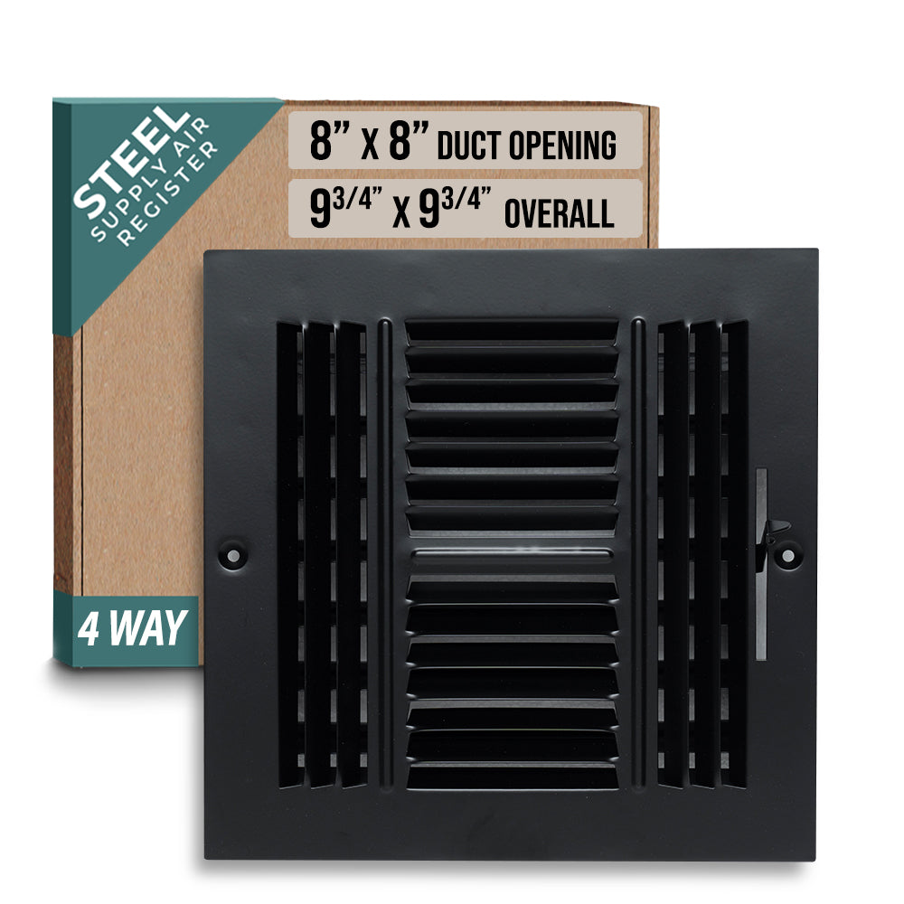 8 x 8-inch Black Steel flat stamped supply register, packaging