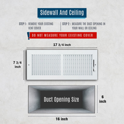 16x6 Duct Opening | 2 WAY Steel Air Supply Diffuser for Sidewall and Ceiling | White | Outer Dimension: 17-3/4"W X 7-3/4"H