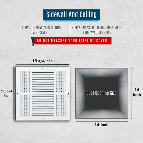 14x14 Duct Opening | 3 WAY Steel Air Supply Diffuser for Sidewall and Ceiling | White | Outer Dimension: 15-3/4"W X 15-3/4"H