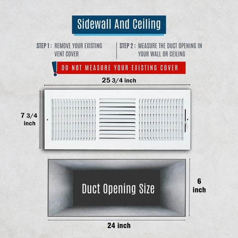24x6 Duct Opening | 3 WAY Steel Air Supply Diffuser for Sidewall and Ceiling | White | Outer Dimension: 25-3/4"W X 7-3/4"H