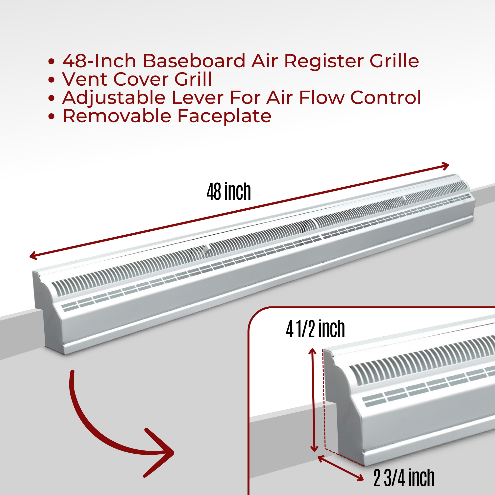 48" White Steel corner baseboard supply register, dimensions