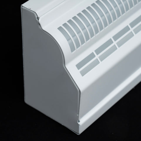 48" White Steel corner baseboard supply register, frame corner detail
