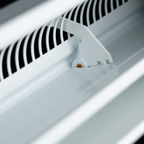 48" White Steel corner baseboard supply register, damper mechanism detail