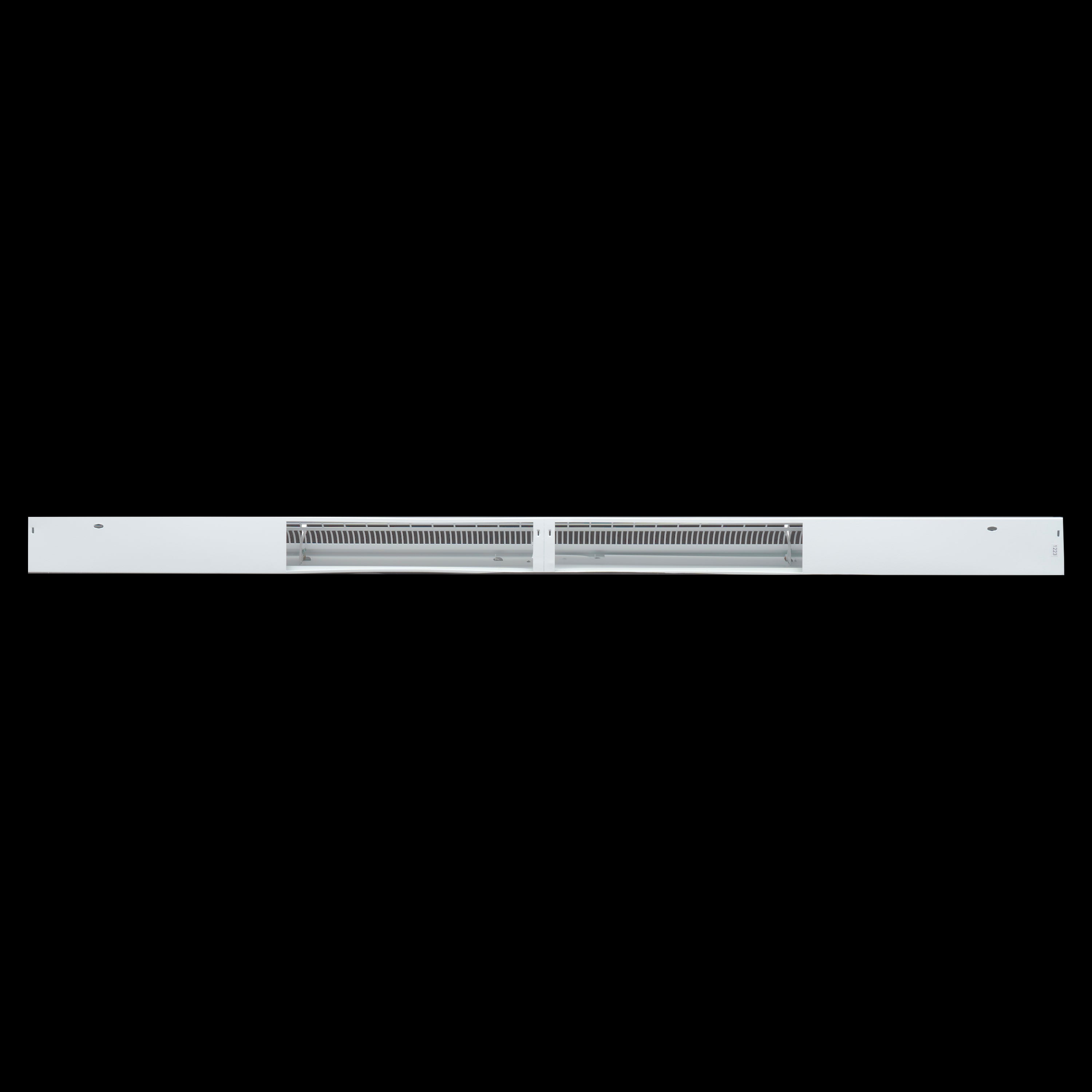 48" White Steel corner baseboard supply register, rear view