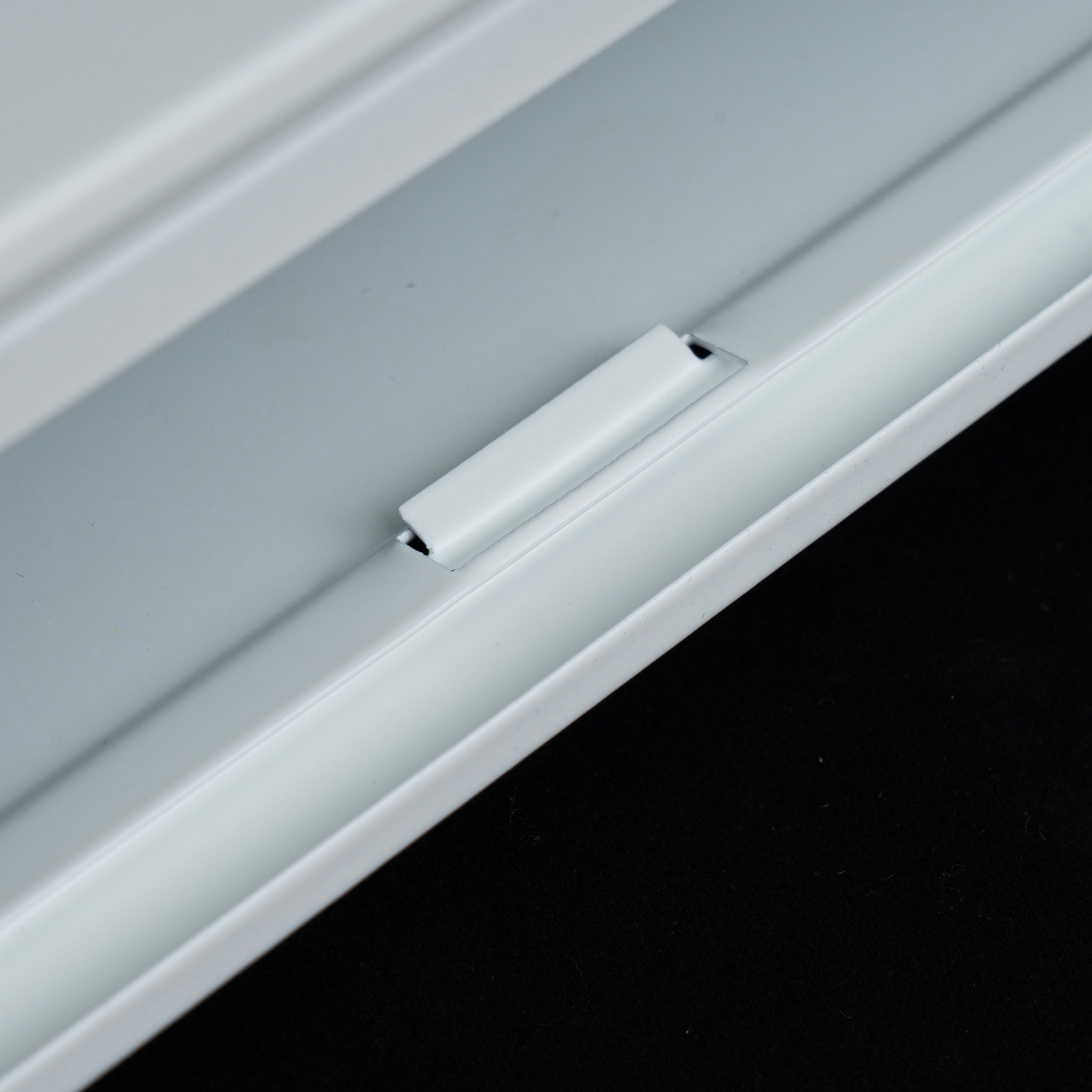 48" White Steel corner baseboard supply register, flush latch detail 2