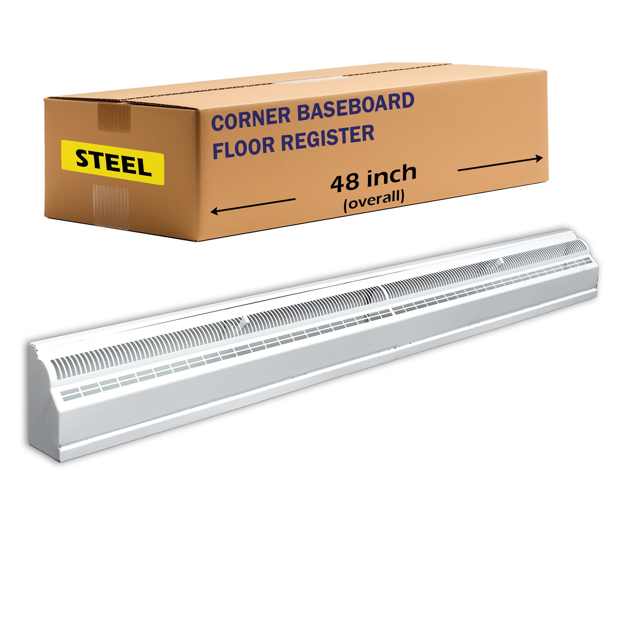48" White Steel corner baseboard supply register, packaging