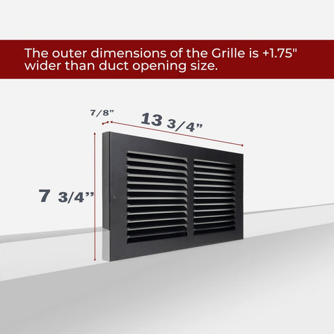 12"x6" Steel Baseboard Return Air Grille | Black | Outer Dimension: 13-3/4"W X 7-3/4"H