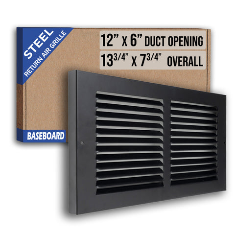 12 x 6-inch Black Steel baseboard return grille, packaging