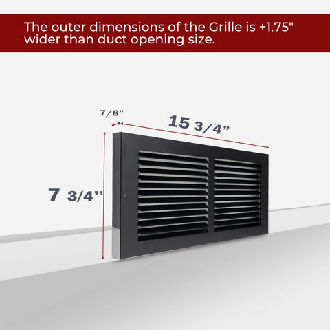 14"x6" Steel Baseboard Return Air Grille | Black | Outer Dimension: 15-3/4"W X 7-3/4"H