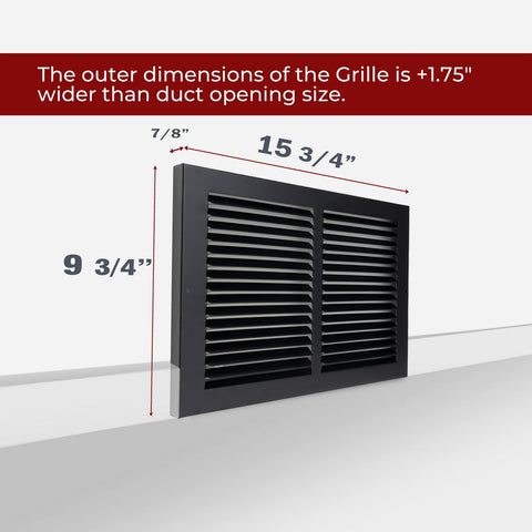14"x8" Steel Baseboard Return Air Grille | Black | Outer Dimension: 15-3/4"W X 9-3/4"H