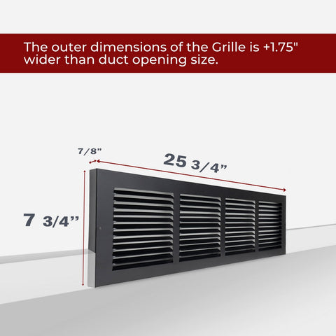 24"x6" Steel Baseboard Return Air Grille | Black | Outer Dimension: 25-3/4"W X 7-3/4"H