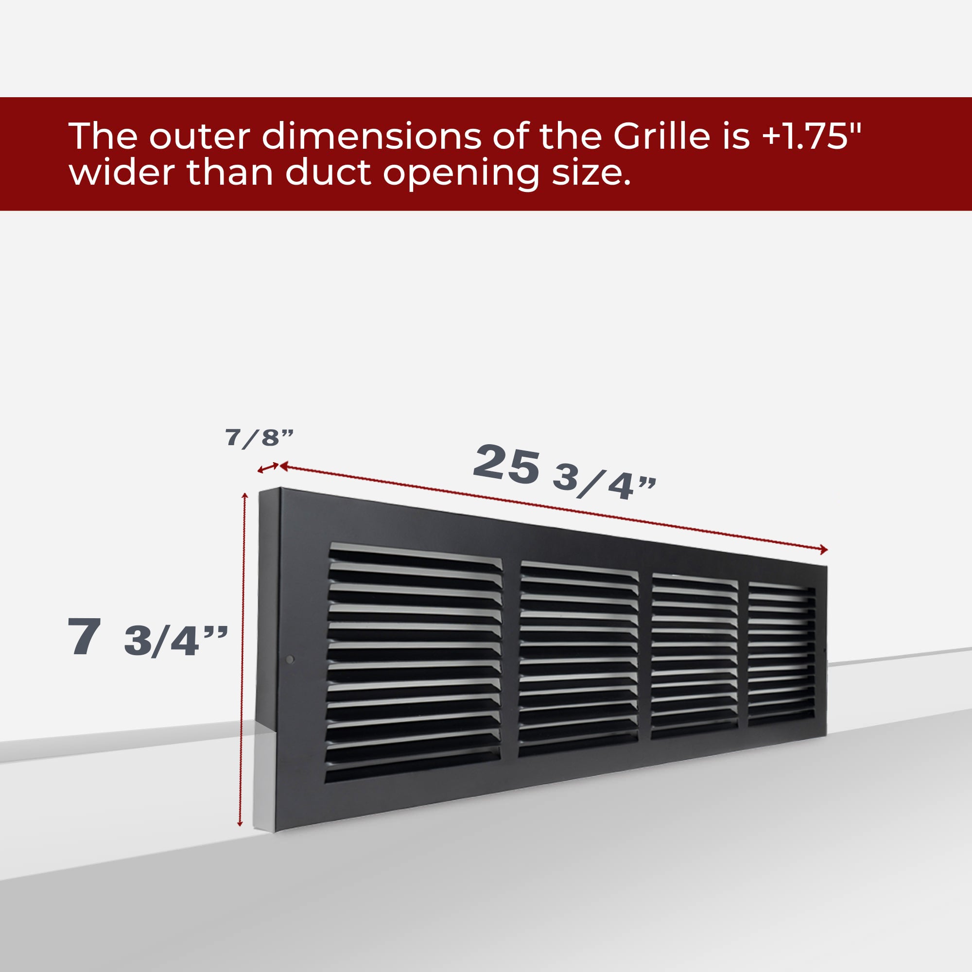 24 x 6-inch Black Steel baseboard return grille, dimensions