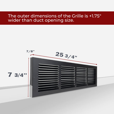 24 x 6-inch Black Steel baseboard return grille, dimensions