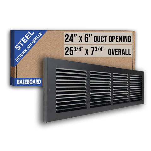 24 x 6-inch Black Steel baseboard return grille, packaging