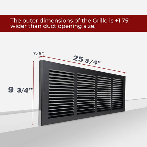 24"x8" Steel Baseboard Return Air Grille | Black | Outer Dimension: 25-3/4"W X 9-3/4"H