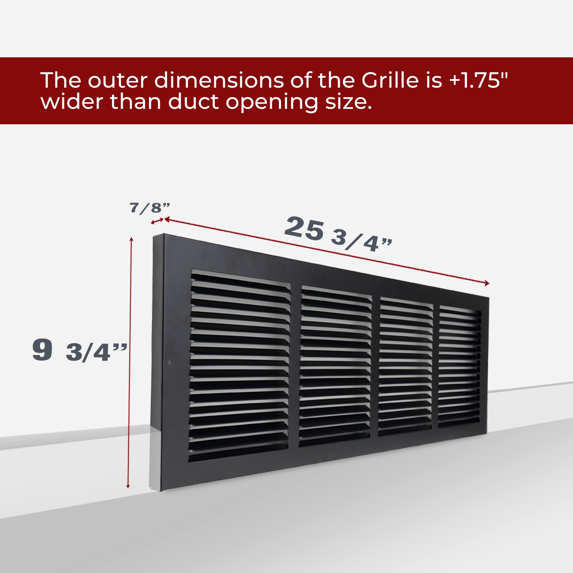 24 x 8-inch Black Steel baseboard return grille, dimensions