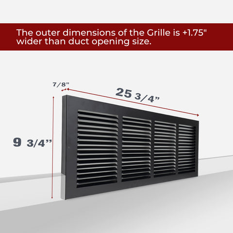 24 x 8-inch Black Steel baseboard return grille, dimensions