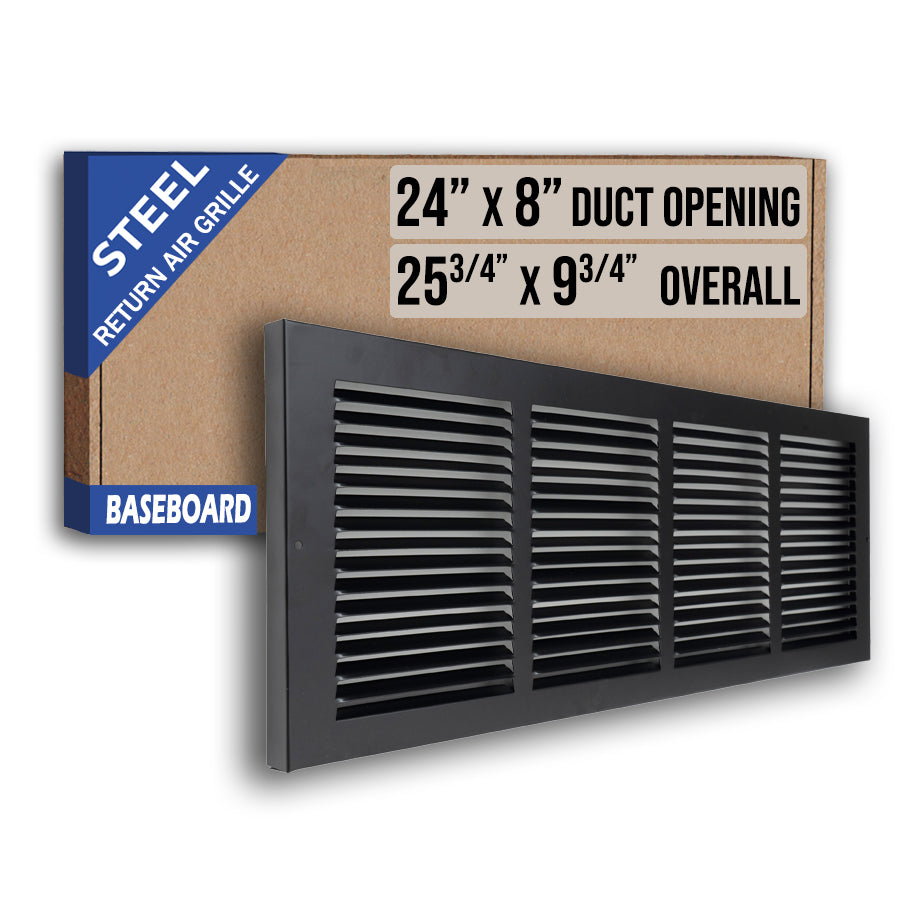 24 x 8-inch Black Steel baseboard return grille, packaging
